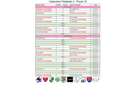 FEDERALE 3 - POULE 10 (calendrier)