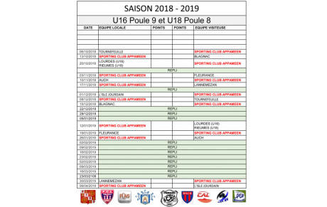 CALENDRIER U16 ET U18